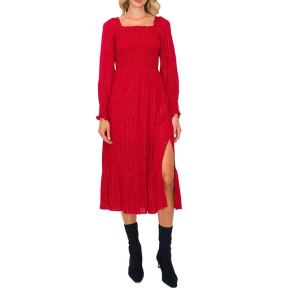 New ~ MELLODAY ~ Metallic Stripe Long Sleeve Smocked Midi Dress Size M